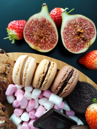 Colorful macaroons, strawberries and chocolate on black background.の写真素材