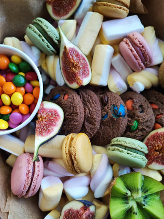 Assortment of colorful candies and cookies in a box. Top view.の写真素材