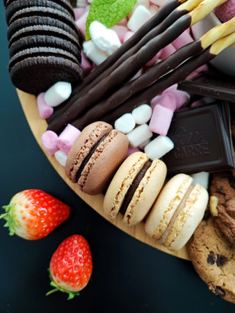Colorful macaroons with chocolate and marshmallow on dark backgroundの写真素材