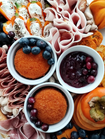 Catering buffet with different snacks and appetizers, top view