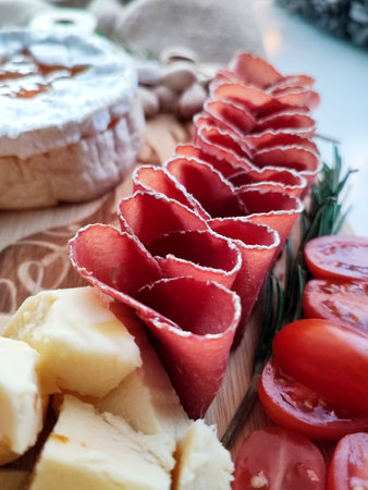 Charcuterie board, cheese plate with salami, camembert, tomatoes and rosemaryの写真素材