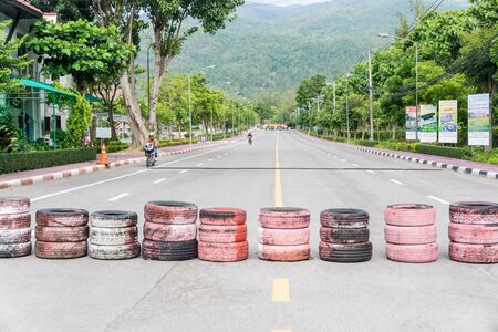 CHIANG MAI, THAILAND - JUNE 17:   Old used rubbish tires lies  on Raceway (Temporary street ) , JUNE...
