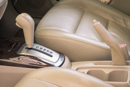 Luxury car interior Car interior. Automatic transmission gear shift and break.vintage effect.の写真素材