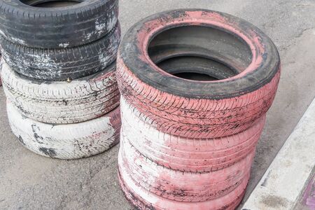 CHIANG MAI, THAILAND - JUNE 17:   Old used rubbish tires lies  on Raceway (Temporary street ) , JUNE 17, 2015 in Chiang Mai, Thailand.のeditorial素材