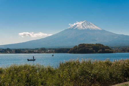 Mount Fuji from Kawaguchiko in march.Snow-capped Mount Fuji with clear sky backgroundの写真素材