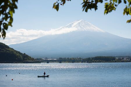 Mount Fuji from Kawaguchiko in march.Snow-capped Mount Fuji with clear sky backgroundの写真素材
