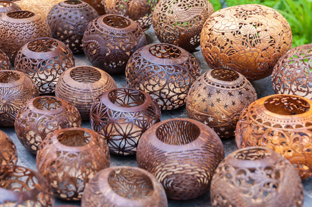 Coconut shell carving,Handicraft of indigenous people in Bali, Indonesia.の写真素材
