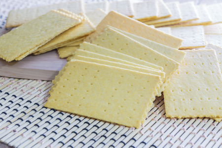 Stacked Butter Biscuits Cracker (close-up shot) on wooden backgroundの写真素材