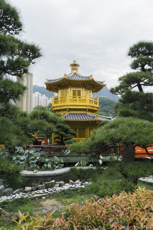 The Golden Pavilion of Perfection in Nan Lian Garden, landscaped Chinese garden of classical elegance based,Chi Lin Nunnery, Hong Kongの写真素材