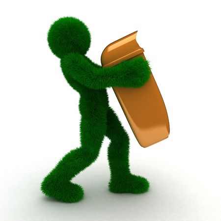3D man holds recycle bin solated on white.の写真素材