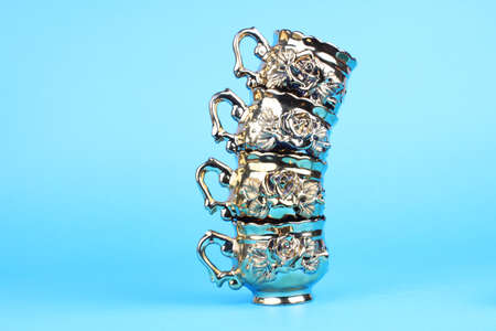 Coffee cups from  service from  service on a blue backgroundの写真素材