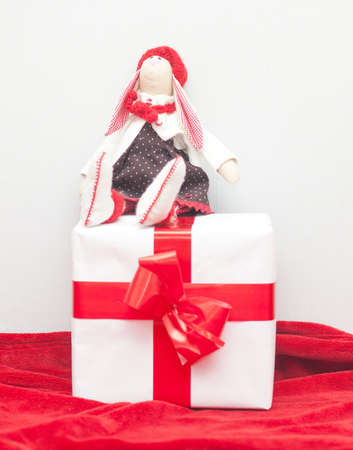 Gift boxes and homemade soft toyの写真素材