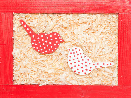 coloroful  wood birds  with sawdust in red frameの写真素材