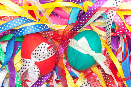 easter eggs in the gift ribbonの写真素材