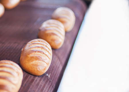 Baked Breads on the production line at the bakeryの写真素材