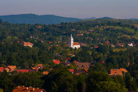 rural landscape with houses in Transylvania, Romania.の写真素材