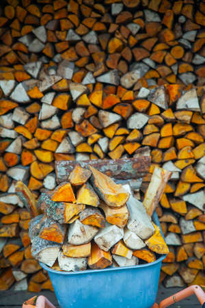 Pile of chopped birch firewood. High quality photoの写真素材