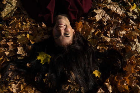 Beautiful young girl in the autumn forest on a sunny dayの写真素材