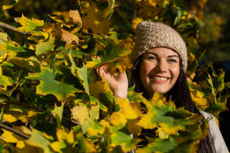 Beautiful young girl in the autumn forest on a sunny dayの写真素材