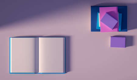 minimalistic books in pink colours, one book is openedの写真素材
