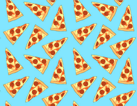 Pizza slice cute colourful seamless pattern on a blue background