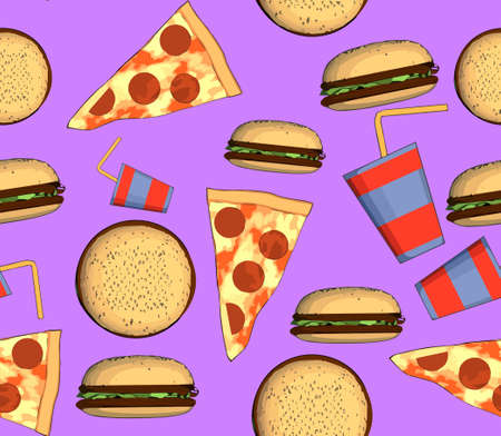 junk food seamless pattern with pizza hamburger and a drinkのイラスト素材