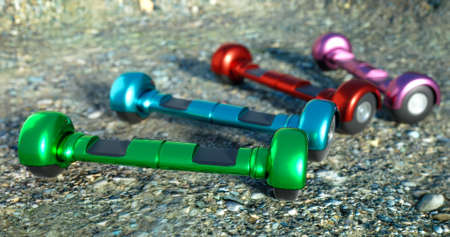four colorful self balancing scooters standing outdoors on the ground 3d illustration