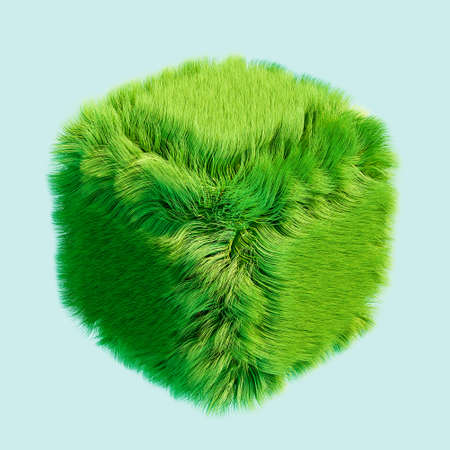 3d illustration of a grass cube on a light blue backgroundの写真素材