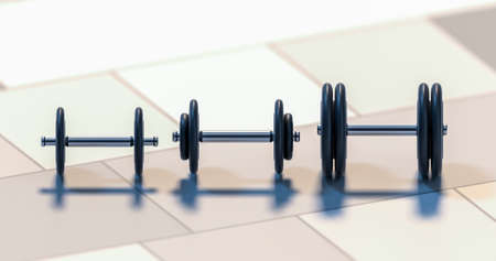 three dumbbells standing in row 3d illustration