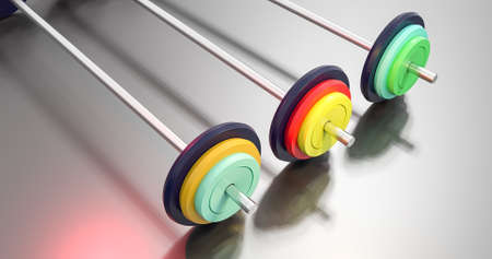 3d illustration of colorful gym barbellsの写真素材