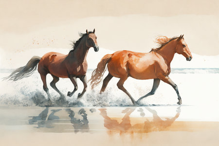 Horses running on the beach, watercolor painting, digital illustrationの素材