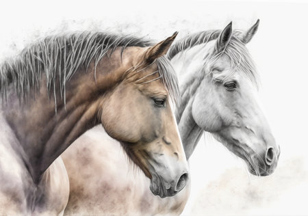 Horses in motion on grunge background, digital painting, illustrationの素材