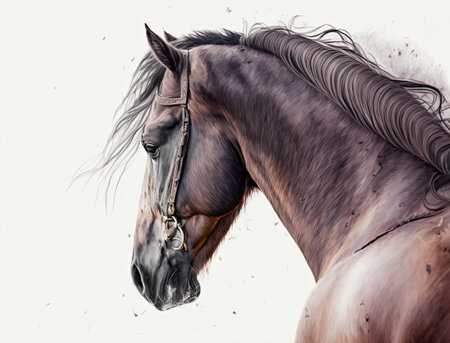 Portrait of a beautiful bay stallion with long mane.の素材