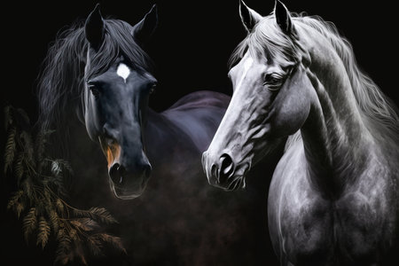 Two beautiful horses with white mane and black mane on black backgroundの素材