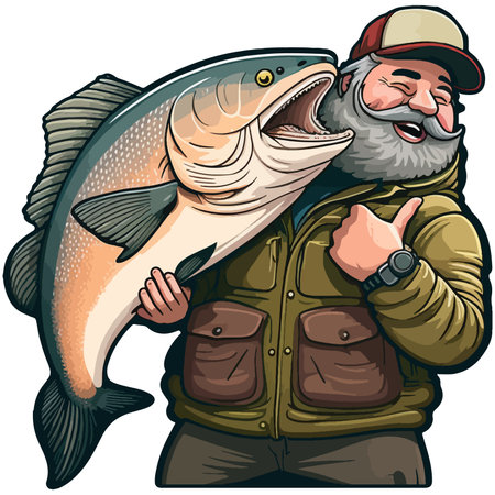Retro style illustration of a fisherman holding a big salmon fish.のイラスト素材