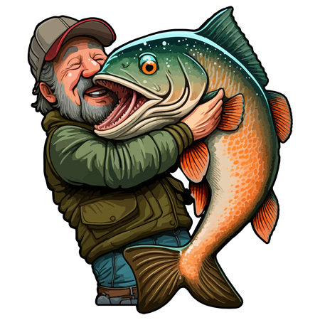 Vector illustration of a fisherman with a big salmon in his hands.のイラスト素材