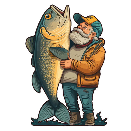 Fisherman with a big fish. Vector illustration on white background.のイラスト素材