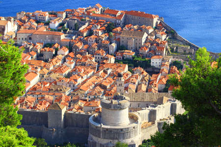 Part of the Dubrovnik old town with city walls and Minceta tower, Croatiaのeditorial素材