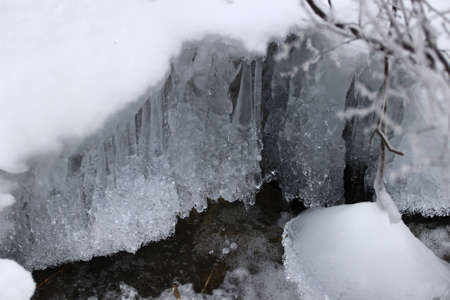 Plitvice lakes, winter scene with frozen waterfallsの写真素材
