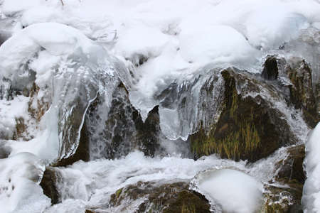 Plitvice lakes, winter scene with frozen waterfallsの写真素材