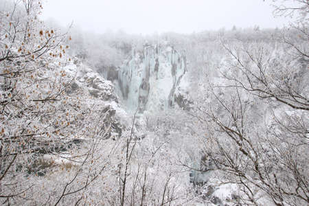 Frozen waterfalls on Plitvice lakes, National park in Croatiaの写真素材