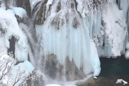Frozen waterfalls on Plitvice lakes, National park in Croatiaの写真素材