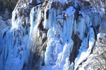 Frozen waterfalls in National park Plitvice lakes in Croatiaの写真素材