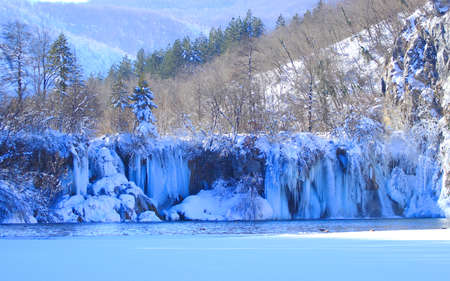 Frozen waterfalls in National park Plitvice lakes in Croatiaの写真素材