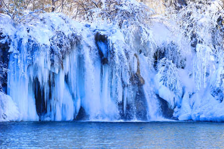 Plitvice lakes, frozen waterfalls, winter sceneの写真素材