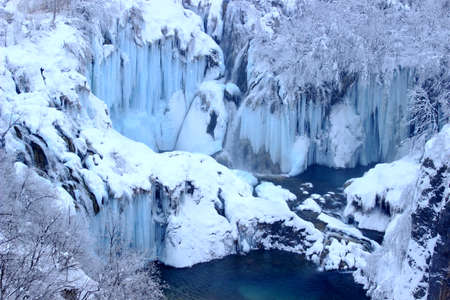 Plitvice lakes, frozen waterfalls, winter sceneの写真素材