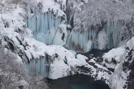 Frozen waterfalls in National park Plitvice lakes in Croatiaの写真素材