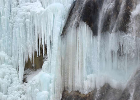 Frozen waterfalls in National park Plitvice lakes in Croatiaの写真素材