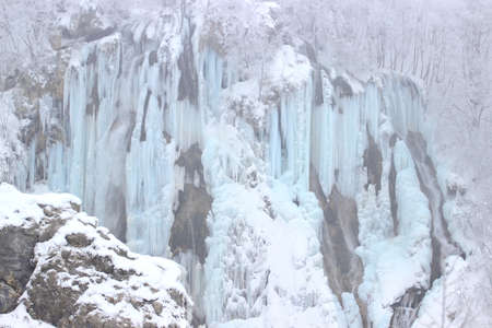 Frozen waterfalls in National park Plitvice lakes in Croatia