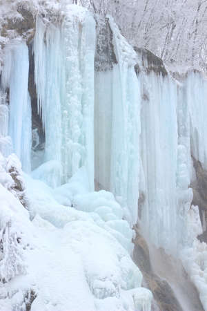 Frozen waterfalls in National park Plitvice lakes in Croatiaの写真素材